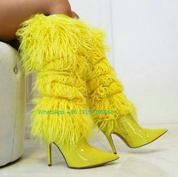 Bayan sarı tüy PU tasarım diz çizmeler seksi sivri burun siyah kürk stiletto topuklu deri yan zip çizmeler ayakkabı büyük boy 43
