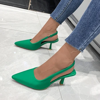 Bayanlar Yüksek Topuklu Yaz Yeni Sivri Burun Seksi Stiletto kadın ayakkabısı Açık Moda Pompaları Parti Elbise Yeşil Sandalet 42 43