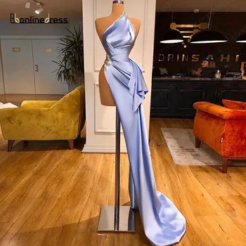 Bbonlinedress Seksi Gece Elbisesi 2020 Saten Yüksek Yaka Bölünmüş El Boncuk Kadın Parti Giyim Örgün Önlük Kristal vestido de festa