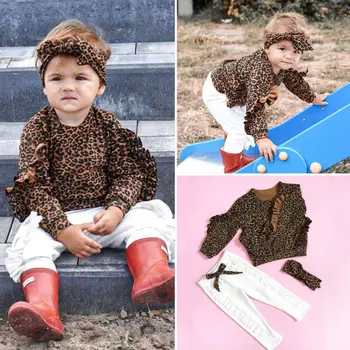 Bebek Bebek Kız Giysileri Fırfır Leopar Üstleri Tayt Pantolon Kıyafet Seti Eşofman