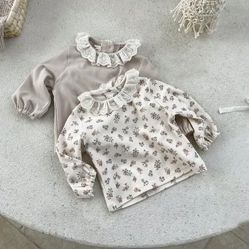 Bebek Kız Bahar Yeni Çiçek Gömlek Pamuk Bebek Uzun Kollu Üstleri Dantel Yaka Prenses Bluz Çocuklar Bebek Kız Dip Gömlek