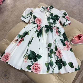 Bebek kız yaz vintage baskılı shiirt elbise çocuklar puf kollu küçük taze rahat yaka elbise a-line