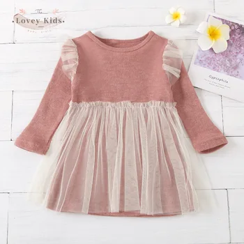 Bebek Kız Çocuk Tutu Elbise 2021 Toddler Uzun Kollu Fırfır Örgü Patchwork Prenses Pamuk O Boyun Tül Elbise Pembe Renk