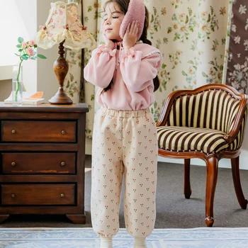 BEBEZOO çocuk Yüksek Katlı Pantolon Kış Çiçek Tomurcukları Pantolon Manşetleri Fırçalanmış Astar Kiraz Desen Rüzgar Geçirmez Sıcak Bebek Pantolon