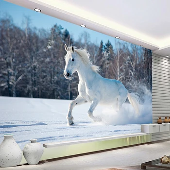 Beyaz At Kar Üzerinde Çalışan Fotoğraf Duvar Resimleri Duvar Kağıdı Oturma Odası TV Yatak Odası Sanat duvar bezi Su Geçirmez Çevre Dostu Papel De Parede