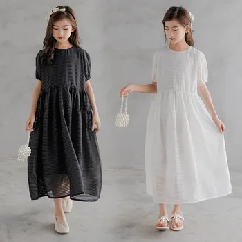 Beyaz Siyah Kısa Kollu Yüksek Bel Elbiseler Küçük Büyük Kızlar İçin Yaz Prenses Elbise Çocuk Giyim Yeni Moda Çocuk Elbise