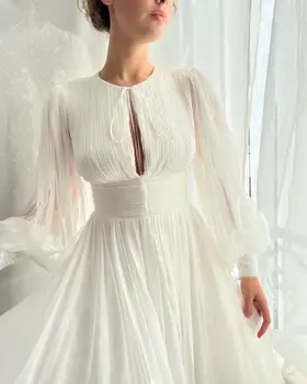 Beyaz Tül Balo Elbise Puf Kollu Illusion Abiye giyim Kat-Uzunluk O-Boyun Örgün Parti Düğün Custom Made Vestido De Gala