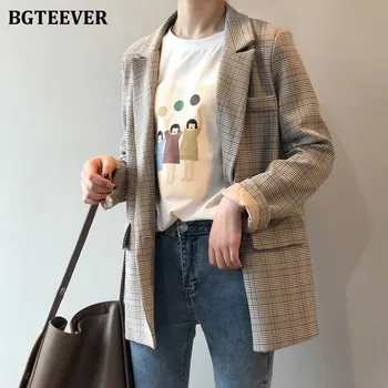 BGTEEVER Vintage Chic Gevşek Kadın Ekose Blazer Tops Tam Kollu Düğme Kadın Takım Elbise Ceketler Sonbahar Yeni Casual Bayanlar Dış Giyim 2021
