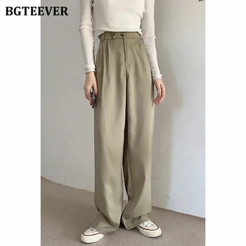 BGTEEVER Şık Çift Düğme Yüksek Bel Gevşek Kadın Geniş Bacak Pantolon 2021 Yaz Cepler Bayanlar Kat Uzunlukta Takım Elbise Pantolon