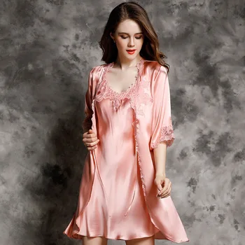 Birdsky, Yaz 1 ADET Kadınlar Robe elbise setleri gecelik gecelik orta kollu dantel pijama %100 % dut ıpek saten katı, S-256