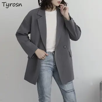 Blazers Kadınlar Kruvaze Katı Gri Blazer Zarif Tüm Maç Tasarım Streetwear Kore Tarzı Çentikli Dış Giyim Femme Fransız