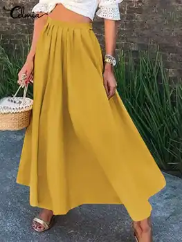 Celmia Moda Yüksek Bel Katı Jupe Sonbahar Kadın Maxi Etekler Vintage Pileli Uzun Etek Rahat Parti Tatil A-line Etek Femme