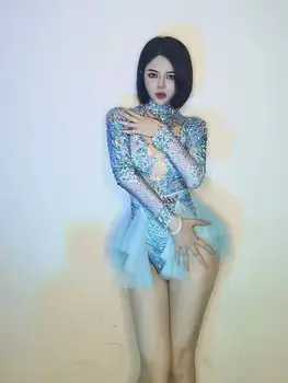 Dansçı Kostüm Kadın Bodysuits Streç Spandex Bodycon Bir Boyut Uzun Kollu Mavi Örgü Ruffles Kristal Leotard Sahne Giyim Parti