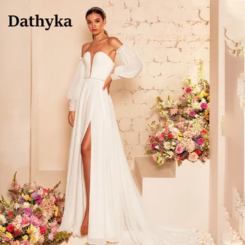 Dathyka Zarif Yüksek V Yaka düğün elbisesi Mariages İçin Kapalı Omuz Straplez Yan Yarık gelinlik Gelin İçin Özelleştirilmiş