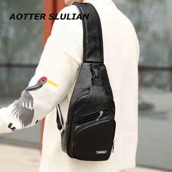 Deri Göğüs Çantası erkek Messenger omuz çantaları Çok Fonksiyonlu Crossbody Kılıfı Erkek Kore Gezisi USB Şarj Siyah göğüs paketi