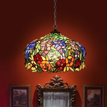 Dia40cm vitray çiçekler aydınlatma armatürleri Cafe yatak odası oturma odası lamba yemek odası Vintage sanat renkli cam kolye ışık
