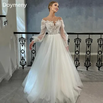 Doymeny Gelin düğün elbisesi Klasik SCOOP Yaka Uzun Kollu Düğme Tül Basit Stil A-Line Sweep Tren Robe De Mariée