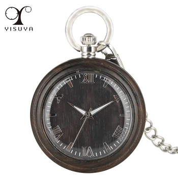 Doğal Ahşap cep saati Gümüş Romen Rakamları Aydınlık Eller Abanoz Ahşap Kolye Kuvars Cep Timepiece Yeni Retro Saat