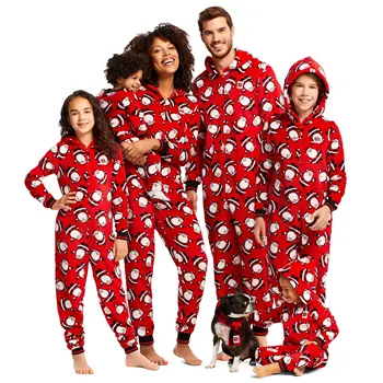 Ebeveyn-Çocuk Noel Nightclothes Kapşonlu Romper Aile Eşleştirme Noel Santa Baskılı Fermuar Kapatma Uzun Pantolon