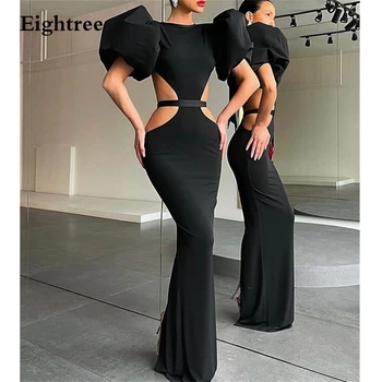 Eightree Seksi Siyah Kadife Uzun Mermaid Abiye 2021 Kısa Kollu O Boyun Robe de Soiree Balo Elbise Örgün Parti Kıyafeti