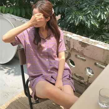 Ekose Baskı Yaz Pijama Seti Kadın Tek Göğüslü Gömlek + şort takımı Kore Ev Takım Elbise Vintage Pamuk Yumuşak Ev Giysileri