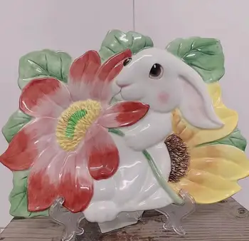 El Boyalı Seramik Tavşan ve Ayçiçeği Dekoratif Asılı Plaka Kakeban Oturma Odası El Sanatları Hediye Ev Dekorasyon Süsler
