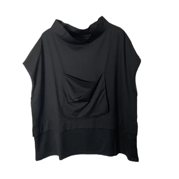 Erkek kısa kollu tişört Yaz Yeni Düz Renk Yüksek Yaka Düzensiz Asimetrik Kişilik Tasarım Gevşek Moda T Shirt