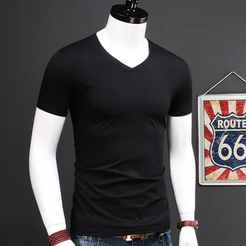 Erkekler Siyah pamuklu tişört V Yaka Kısa kollu Tişört Erkekler Rahat Düz Renk Dip Tees Erkek Giyim