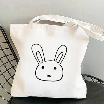 Estetik Tavşan kanvas çanta Kadın Kawaii Grafik Siyah Beyaz Alışveriş çantası Hipster bayan tote çanta Eko Kullanımlık