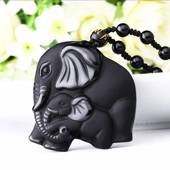 Etnik Tarzı El Yapımı Örgü Fil Şekli Siyah obsidiyen taş Kolye Boncuk Zincir Kolye hayvan figürlü mücevherat