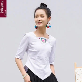 Etnik Tarzı kadın Üst Yaz Yeni Nakış Karakteristik Hem Orta kollu T-shirt kadın Vintage Çin Tarzı Gömlek