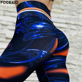 FCCEXIO Ray ışık 3D baskı kadın pantolon Push Up koşu spor tayt ince pantolon kadın rahat pantolon spor tayt
