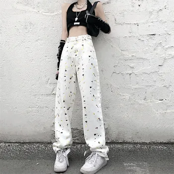 Femme Kot Kadın Bahar Sonbahar Yeni Graffiti Yüksek Bel Gevşek Düğmeler Fermuar Moda Banliyö Pantolon ZM015