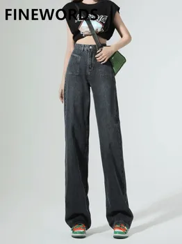 FINEWORDS 2022 Yüksek Bel Geniş Bacak Vintage Kot Kadın Kore Casual Streetwear kore kotu Gevşek Yıkanmış Düz Kot Pantolon