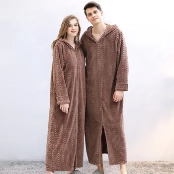 Flanel Uzun Elbise Sevgilisi Pijama Sonbahar Kış Fermuarlı Kimno Bornoz Elbisesi Kalınlaşmış Sıcak Kapşonlu Kıyafeti Gevşek Ev Giysileri