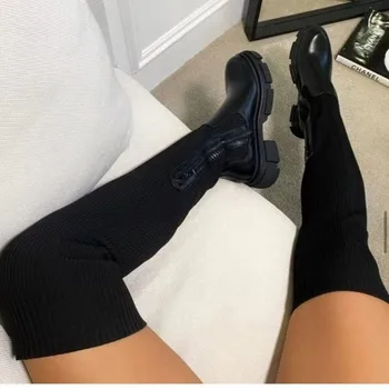 Flats Ayakkabı Kalın Taban Yuvarlak Ayak Çizmeler Streç Nefes Örgü Çorap Üst Kadın Sonbahar Kış Uyluk Yüksek Çizmeler Artı Boyutu