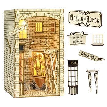 Fsolıs DIY kitap Nook Kiti minyatür ev mobilya ve ışıkları ile Sihirli Sokak Kitaplık Ekleme bina modeli yetişkin hediyeler için
