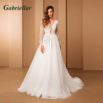 Gabriellar Zarif Düğün gelinlikler Scoop Aplikler Fullsleeve A-line düğün elbisesi Vestido De Noiva Müşteri Yapımı