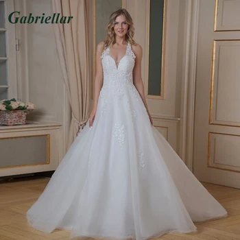 Gabriellar Zarif Şık Düğün gelinlikler V Yaka Kolsuz Aplikler düğün elbisesi Vestido De Noiva Müşteri Yapımı