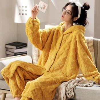 Gecelik kadın Orta uzunlukta Mercan Kadife Sıcak Pijama Setleri Pijama Pazen Kış OuterwearHome Giyim Giyim pijama mujer