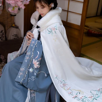 Geleneksel Antik Hanfu Pelerin Kadın Kış sıcak tutan kaban Tang Hanedanı Prenses Palto Kapşonlu Peri Kostüm Cosplay Kadın