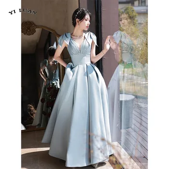 Gökyüzü Mavi Saten Uzun Abiye giyim Seksi V Yaka Prenses balo elbisesi Kat Uzunlukta Backless Kadınlar Resmi Elbiseler Düğün Parti İçin