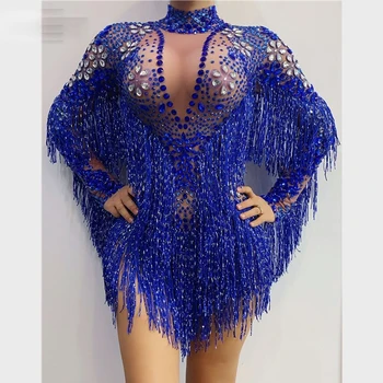 Gümüş Rhinestones Şeffaf tulum Mavi Bodysuit Doğum Günü Kutlamak Uzun Kollu Dans Bar Kadın Şarkıcı sahne kostüm