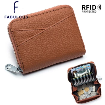 Hakiki Deri RFID Engelleme Küçük Mini Kompakt Fermuar Cüzdan Kredi kart tutucu Cep Çanta Kadınlar için