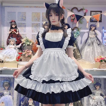 Hizmetçi Cosplay Kostüm Japon Lolita Anime Hizmetçi Önlük Kedi Üniforma Karnaval Parti Elbise Kızlar Kadınlar İçin Sevimli Siyah Dantel Kıyafet