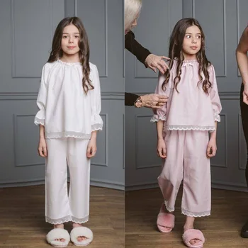 Ilkbahar Sonbahar 2019 Özelleştirilmiş çocuk Ev Giyim Dantel Eklenmiş Pijama Takım Elbise Kızlar İçin %30 % Dut İpek Gece Kıyafetleri 2 Adet P172