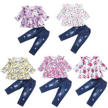 Imcute Bebek Bahar Sonbahar Giyim 2 Parça Çocuk Giyim Seti Çiçek Baskı Yuvarlak Boyun Uzun Kollu Üst ve Yırtık Kot Kızlar için