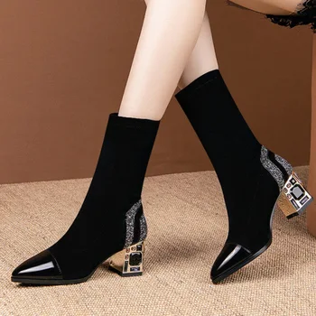 Ince Kısa Çizmeler Kadın Orta Buzağı Çizme Elastik Kumaş Taklidi Kare Topuk kadın Kış Ayakkabı Siyah Kadın Ayakkabı