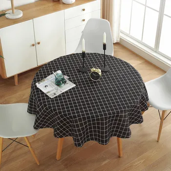 Iskandinav basit tarzı siyah ve beyaz ızgara noel desen Yıkanabilir kalın Polyester pamuk yuvarlak masa örtüsü