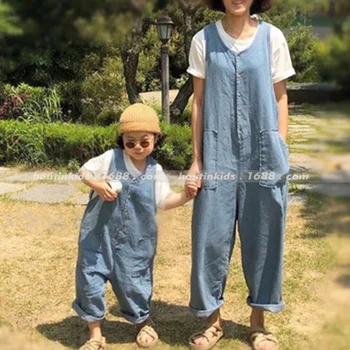 İlkbahar ve Sonbahar Giysileri Kore Ebeveyn-çocuk Giysileri Kore Fan Tarzı Moda Gevşek ve Fan İnce Denim Rahat Tek parça Pantolon